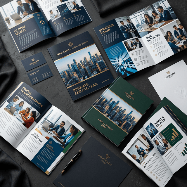 MG Digital Press high-volume 5-color (CMYK + White) commercial printing output — premium tri-fold marketing brochures